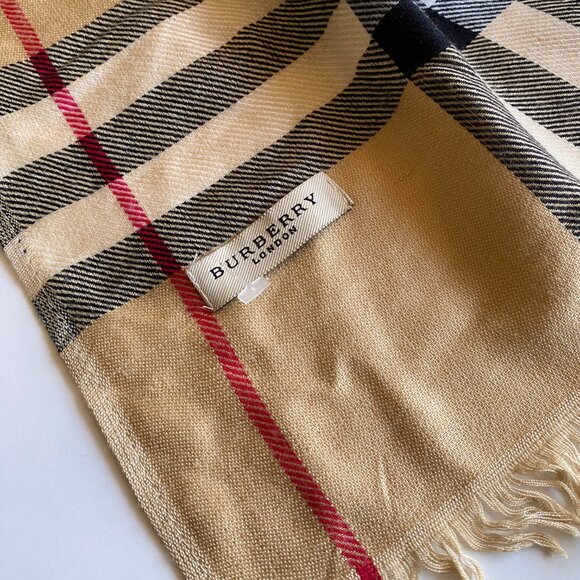 Burberry London Nova Check Beige Scarf Silk Blend Fringed Edge Lightweight - Picture 3 of 11